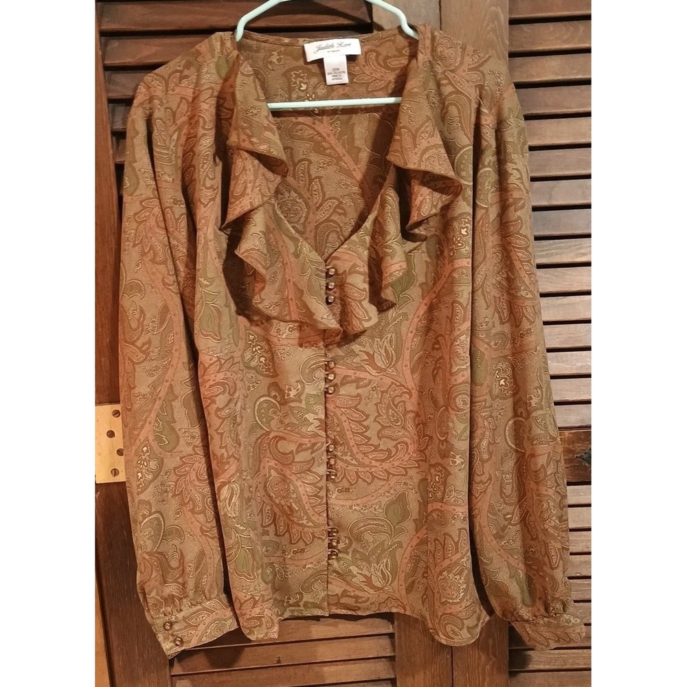 Vintage Judith Hart‎ Paisley Print Blouse Ruffle Button Down 20W Top Brown